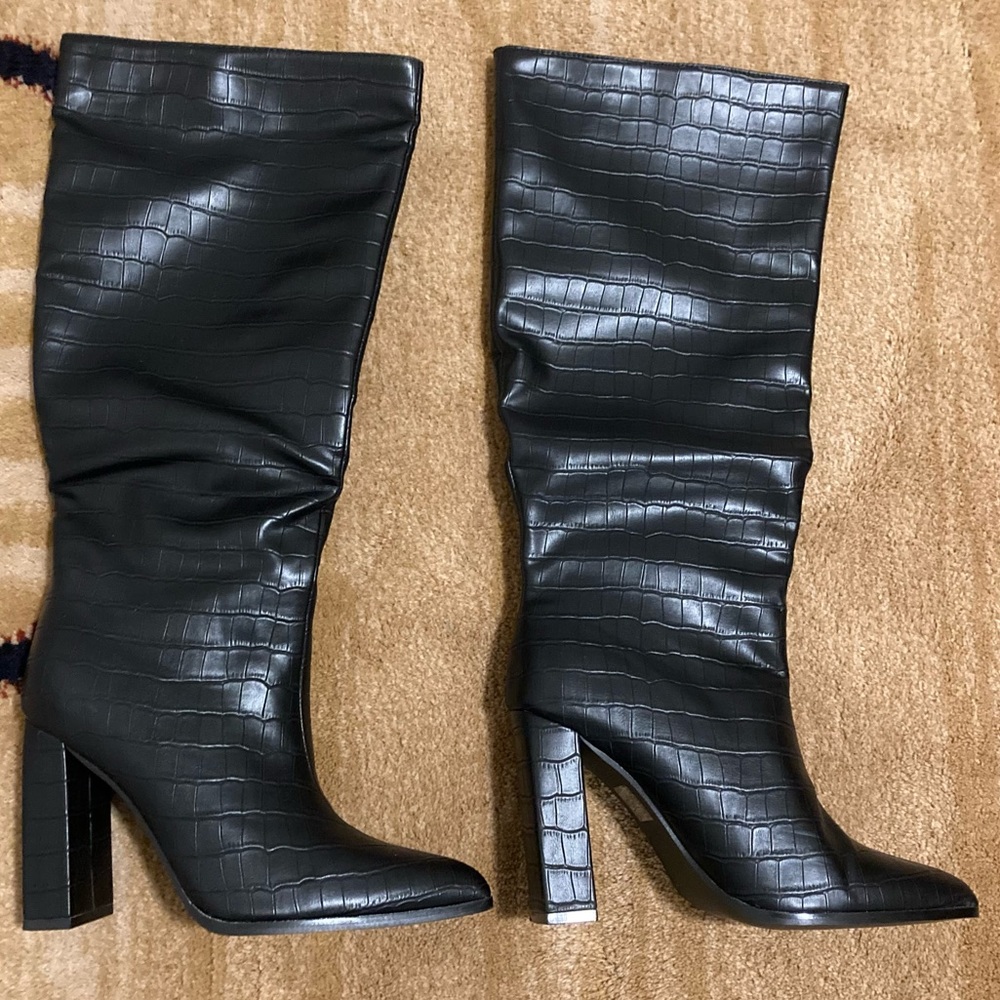 Public Desire black croc knee high boots